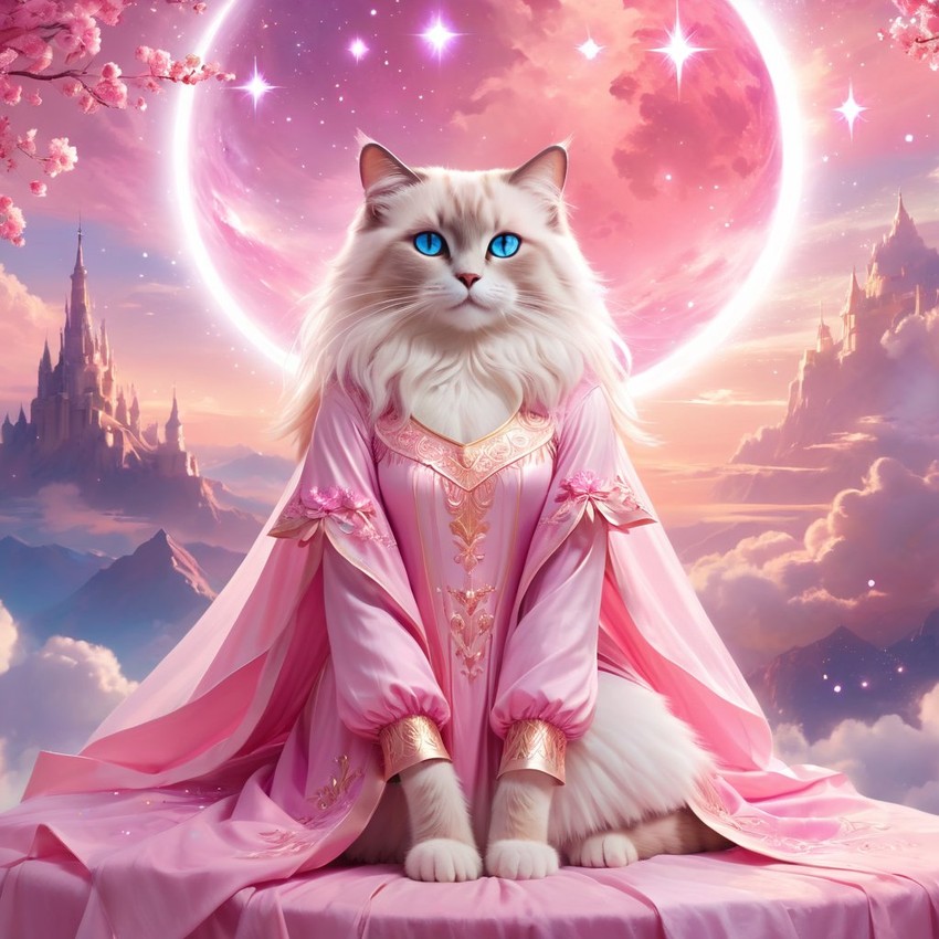 ragdoll cat in pink clothing, set in a beautiful pink scene with a dreamy, magical vibe.