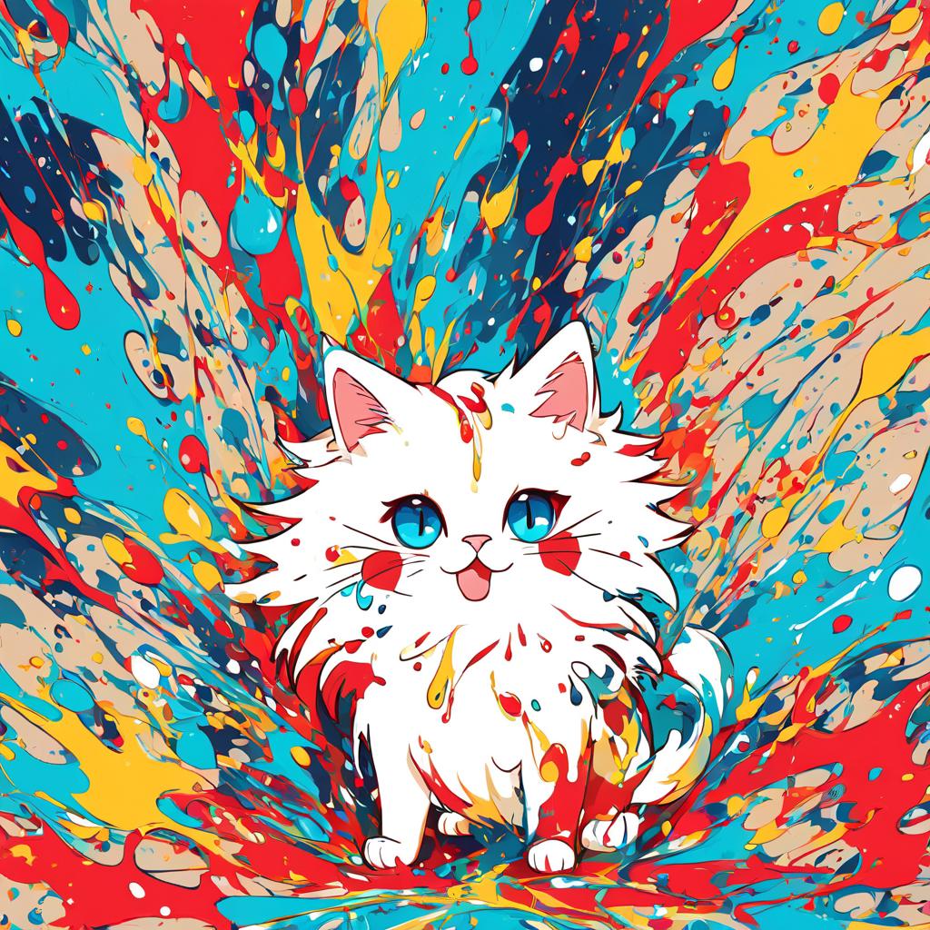 ragdoll cat in pollock's drip technique, capturing dynamic and colorful modern art.