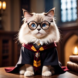 ragdoll cat as harry potter, with glasses and hogwarts setting, capturing the magical and epic essence.