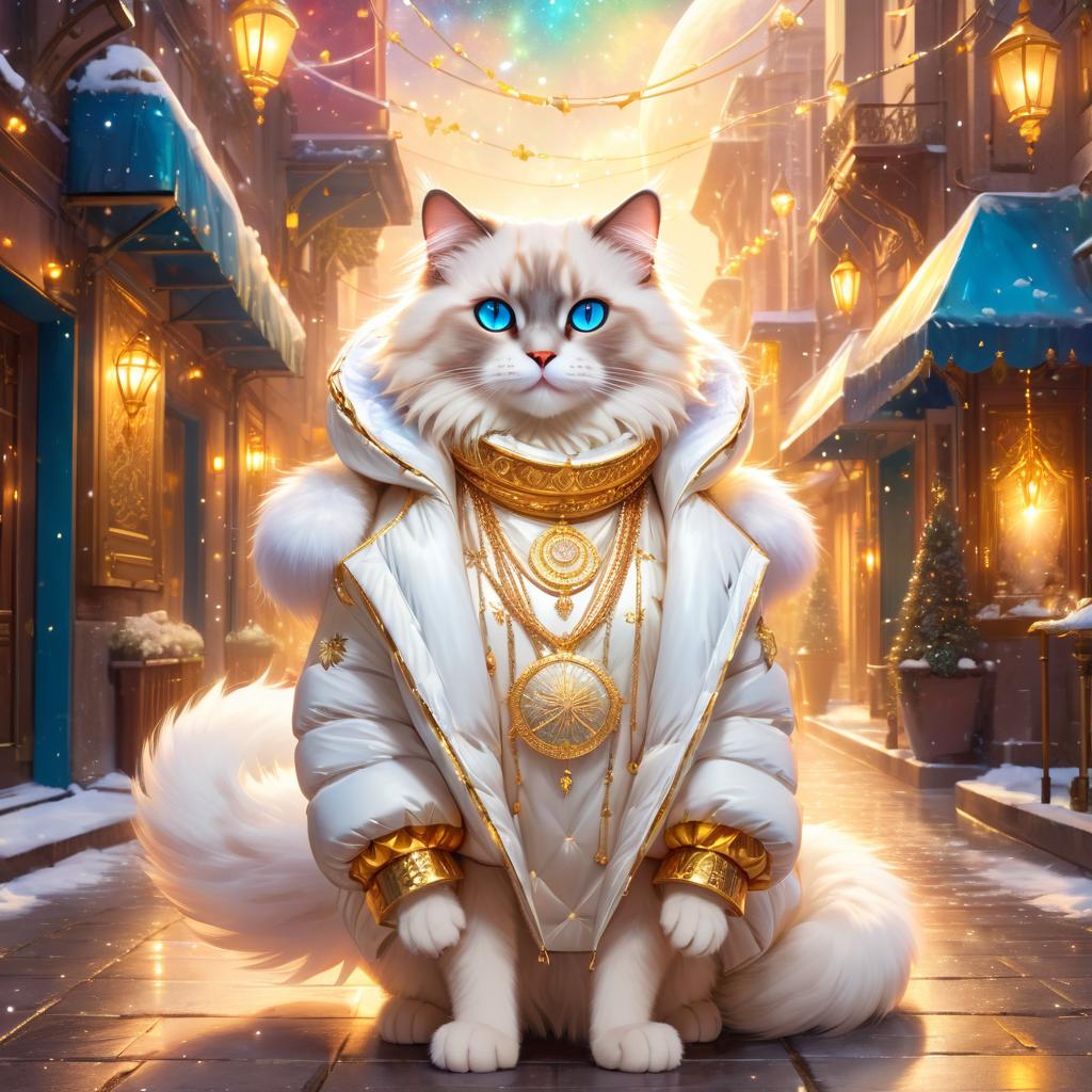 ragdoll cat in a white puffer coat with golden hip hop chains, in a posh urban environment, looking cute and happy.