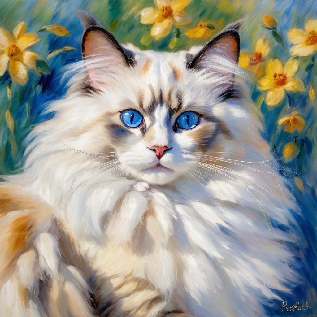 ragdoll cat in the style of renoir, showcasing classic artistic brush strokes and timeless elegance.