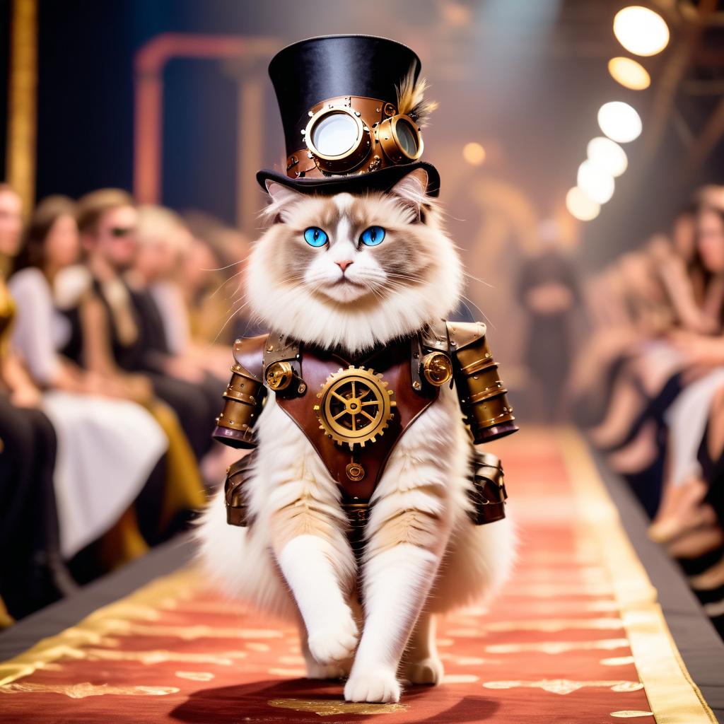 ragdoll cat strutting down the fashion show catwalk stage in an elaborate steampunk outfit featuring leather harnesses, brass gears, and a top hat, high energy and dramatic.