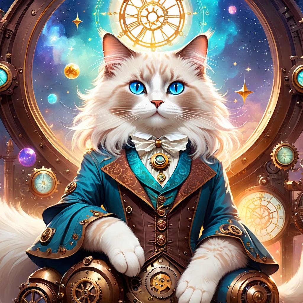 ragdoll cat in a steampunk style, cute and happy, with a magical and painterly quality.