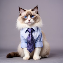 ragdoll cat in a stylish shirt and tie, with a diffused background, capturing their cute and professional side.