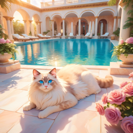 ragdoll cat suntanning next to a luxurious villa pool, capturing a posh and magical moment.