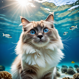 ragdoll cat swimming in a vibrant blue ocean with fish and coral reef, capturing a sunny and happy underwater scene.