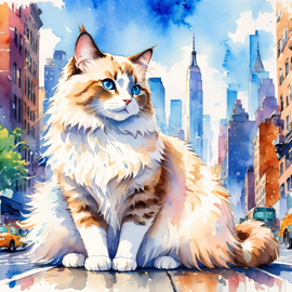 ragdoll cat in new york, rendered in a vibrant watercolor illustration, with a highly detailed and happy depiction.