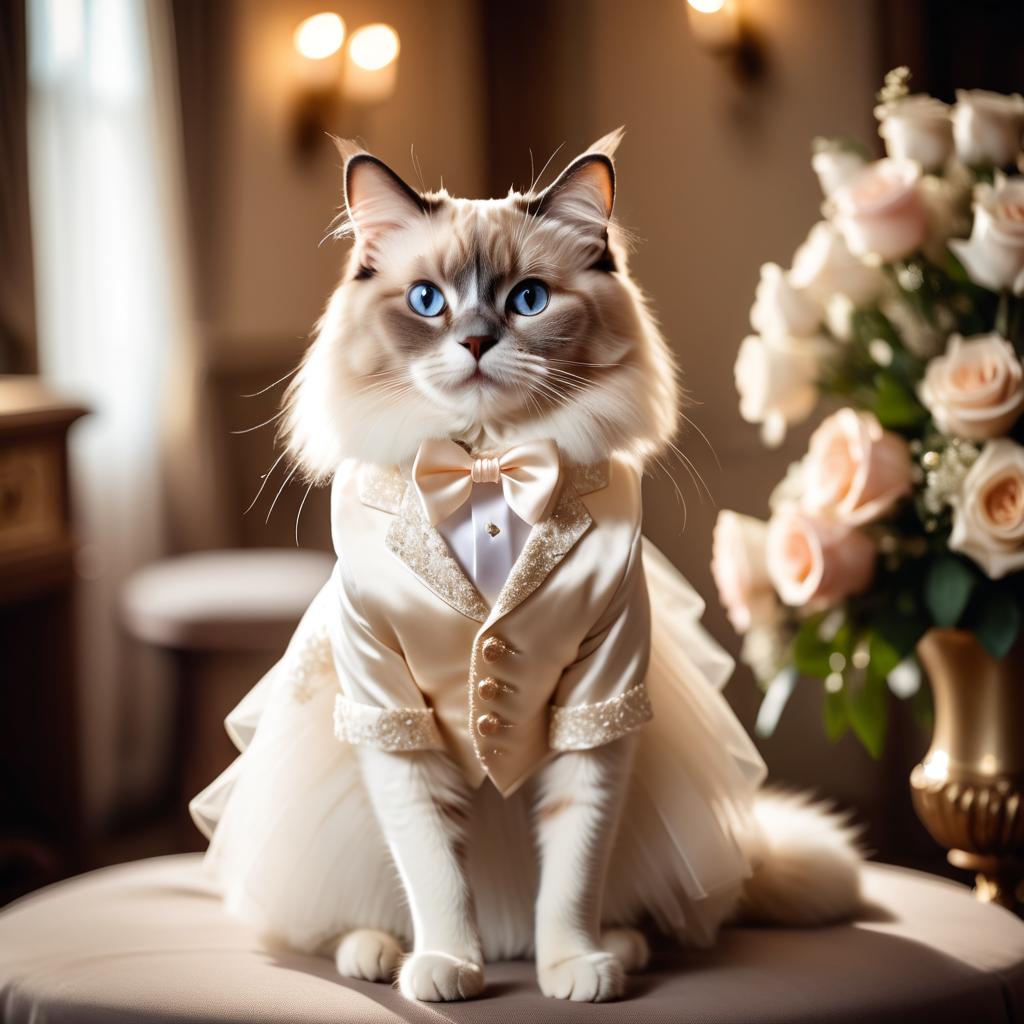 ragdoll cat in a beautiful wedding suit, capturing a cute and happy moment in a romantic environment.