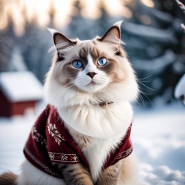 ragdoll cat in a beautiful winter scene, wearing stylish winter clothing, looking cute and happy.