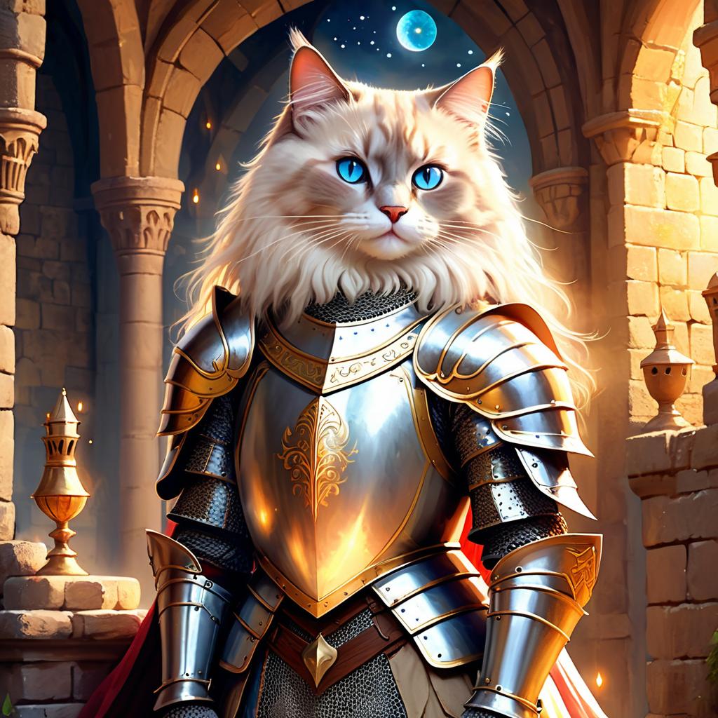 ragdoll cat as a medieval knight in a majestic castle, ethereal and painterly style.