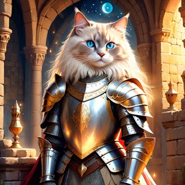 ragdoll cat as a medieval knight in a majestic castle, ethereal and painterly style.