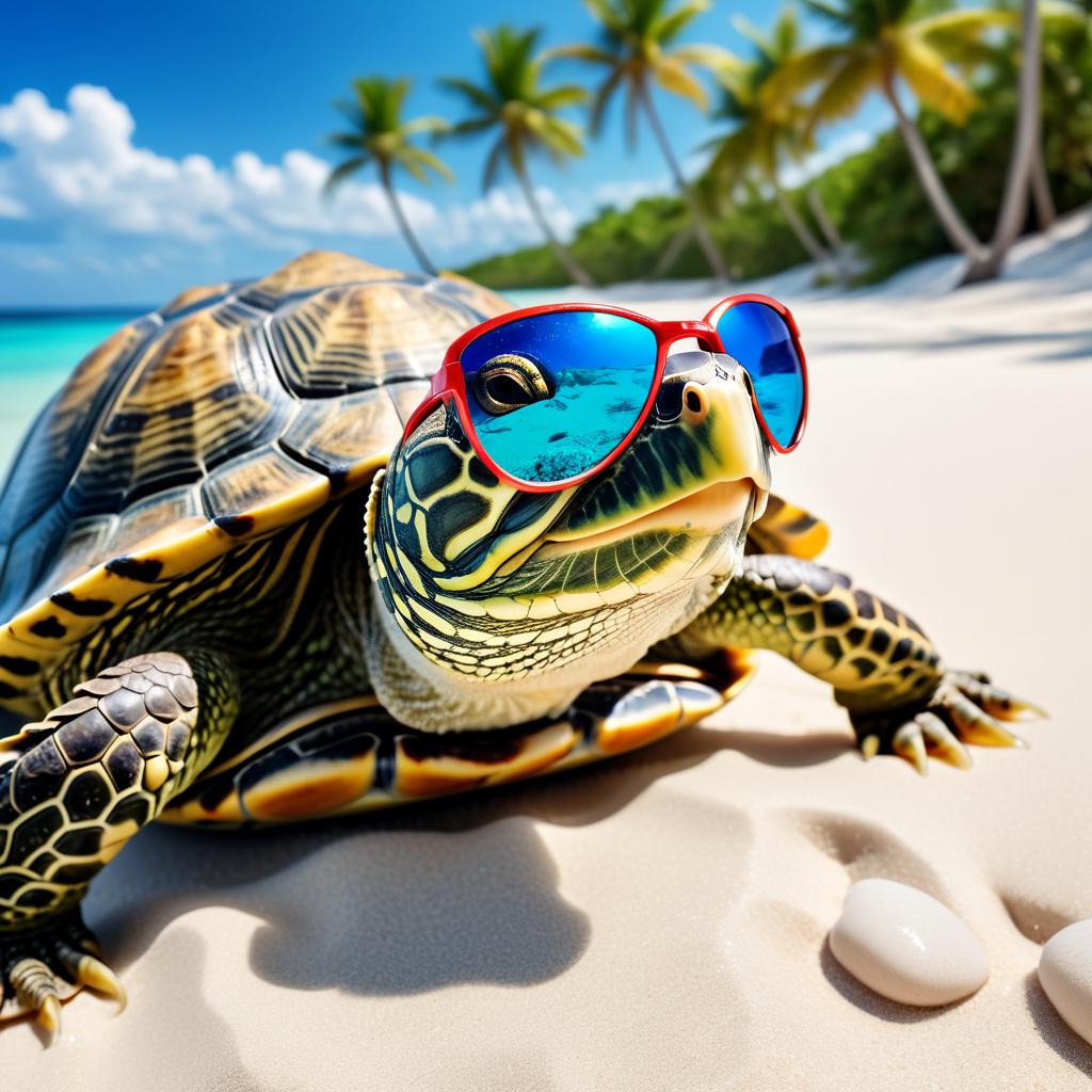 red-eared slider turtle/tortoise on a beautiful beach with white sand and blue sea, wearing sunglasses.