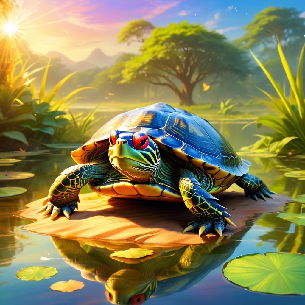 red-eared slider turtle/tortoise during golden hour, with a celestial and magical atmosphere, capturing their beauty in a dreamy setting.