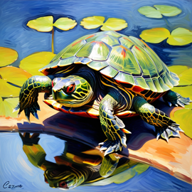 red-eared slider turtle/tortoise in the style of cezanne, highlighting classic brush strokes and an elegant, timeless look.