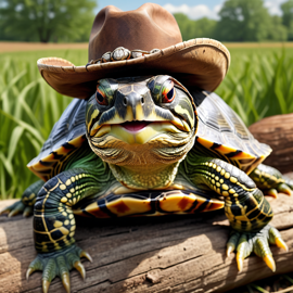 red-eared slider turtle/tortoise as a cowboy wearing a hat, in the midwest countryside, on a farm.