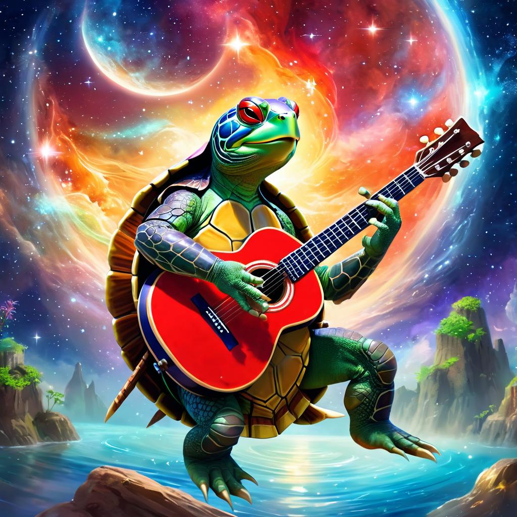 red-eared slider turtle/tortoise as a musician in an ethereal fantasy setting, playing guitar with a majestic and magical touch.