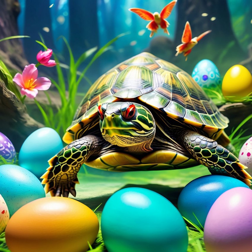 red-eared slider turtle/tortoise in a magical easter setting with colorful eggs, ethereal and dreamy details.