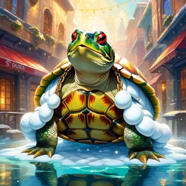 red-eared slider turtle/tortoise in a white puffer coat with golden hip hop chains, in a posh urban environment, looking cute and happy.