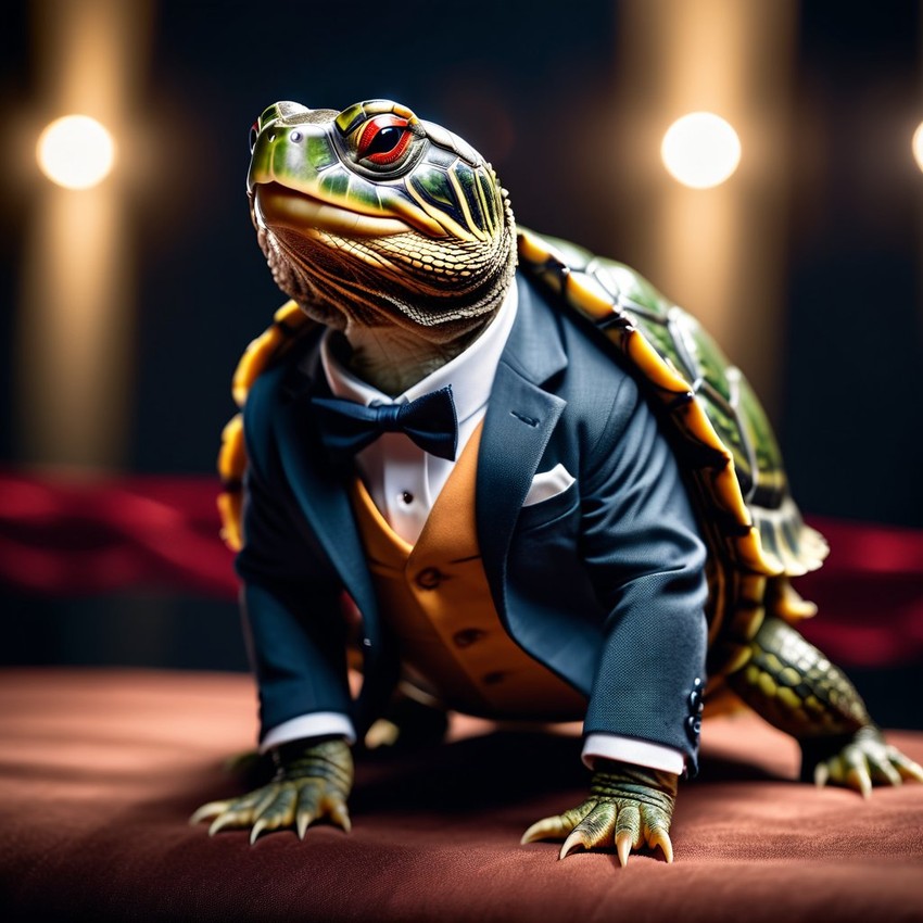 red-eared slider turtle/tortoise in a classy suit on a fashion stage, showcasing elegance and charm in a highly detailed, epic scene.