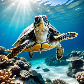 red-eared slider turtle/tortoise swimming in a vibrant blue ocean with fish and coral reef, capturing a sunny and happy underwater scene.