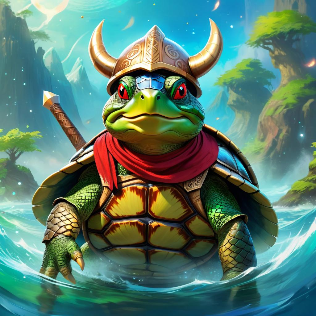 red-eared slider turtle/tortoise as a viking, wearing traditional armor and helmet, in a magical viking environment.