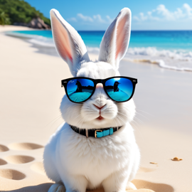 rex rabbit on a beautiful beach with white sand and blue sea, wearing sunglasses.