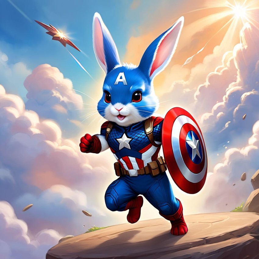 rex rabbit as captain america from avengers, ethereal and magical.