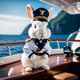 rex rabbit as a captain on a luxury yacht, wearing captain uniform, against a blue sea.