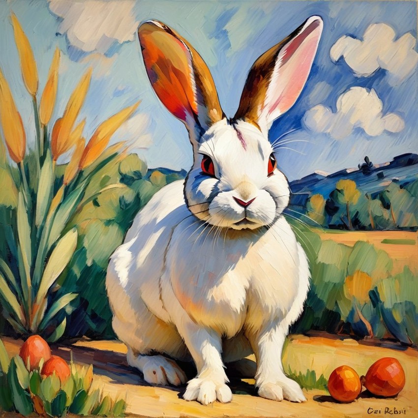 rex rabbit in the style of cezanne, highlighting classic brush strokes and an elegant, timeless look.