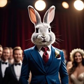 rex rabbit in a classy suit on a fashion stage, showcasing elegance and charm in a highly detailed, epic scene.