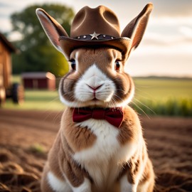 rex rabbit as a cowboy wearing a hat, in the midwest countryside, on a farm.