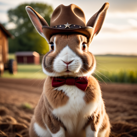 rex rabbit as a cowboy wearing a hat, in the midwest countryside, on a farm.