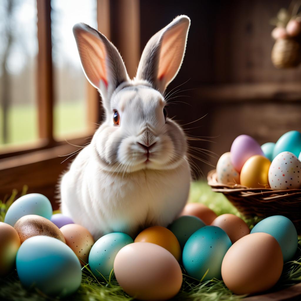 rex rabbit in a beautiful easter setting with colorful eggs, highly detailed and charming.