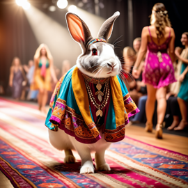 rex rabbit strutting down the fashion show catwalk stage in a colorful bohemian outfit with flowing fabrics, high energy and joyful.