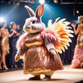 rex rabbit strutting down the fashion show catwalk stage in a sparkling sequined dress with a feathered boa, high energy and dramatic.