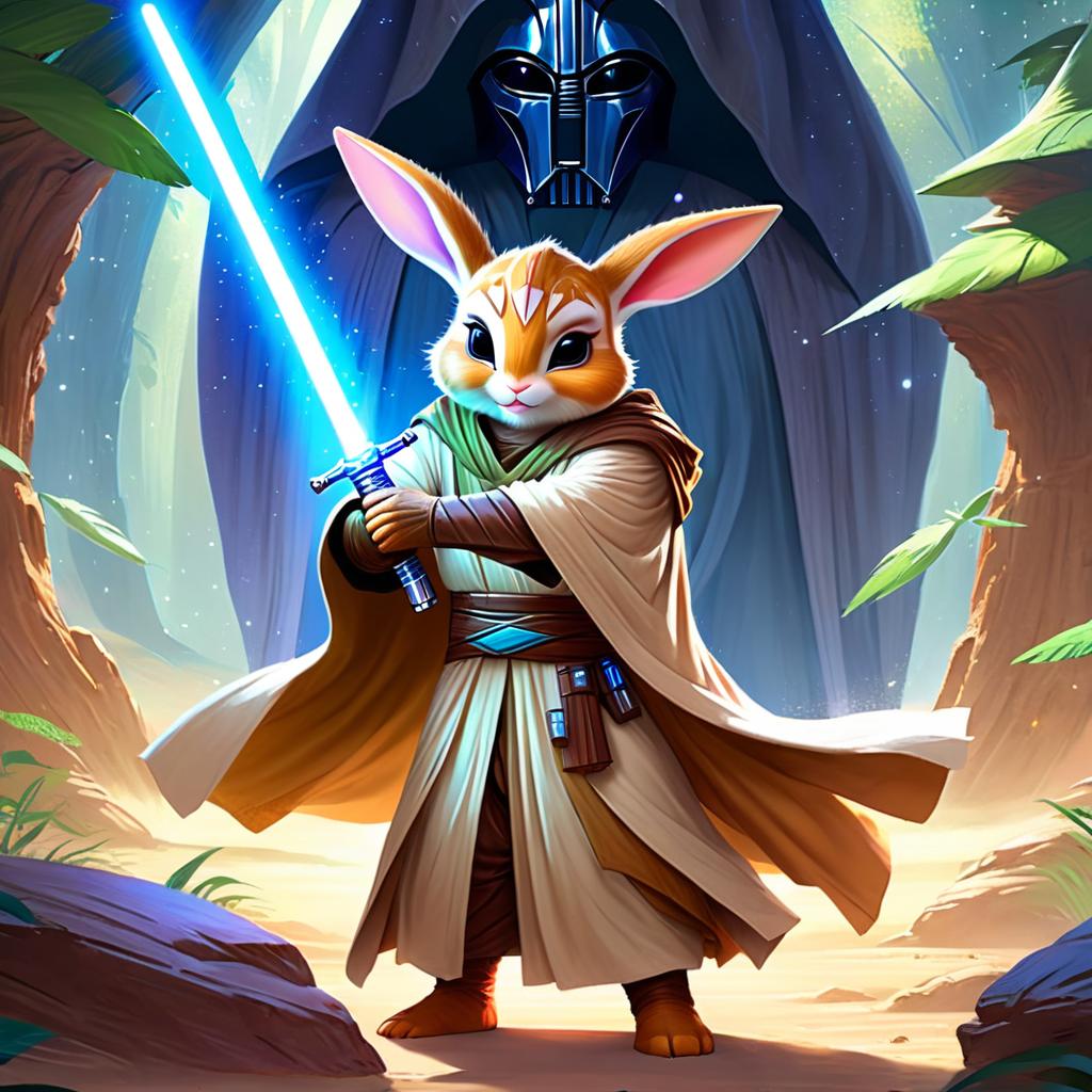 rex rabbit as a jedi knight, with a lightsaber and star wars backdrop in a celestial, painterly style.