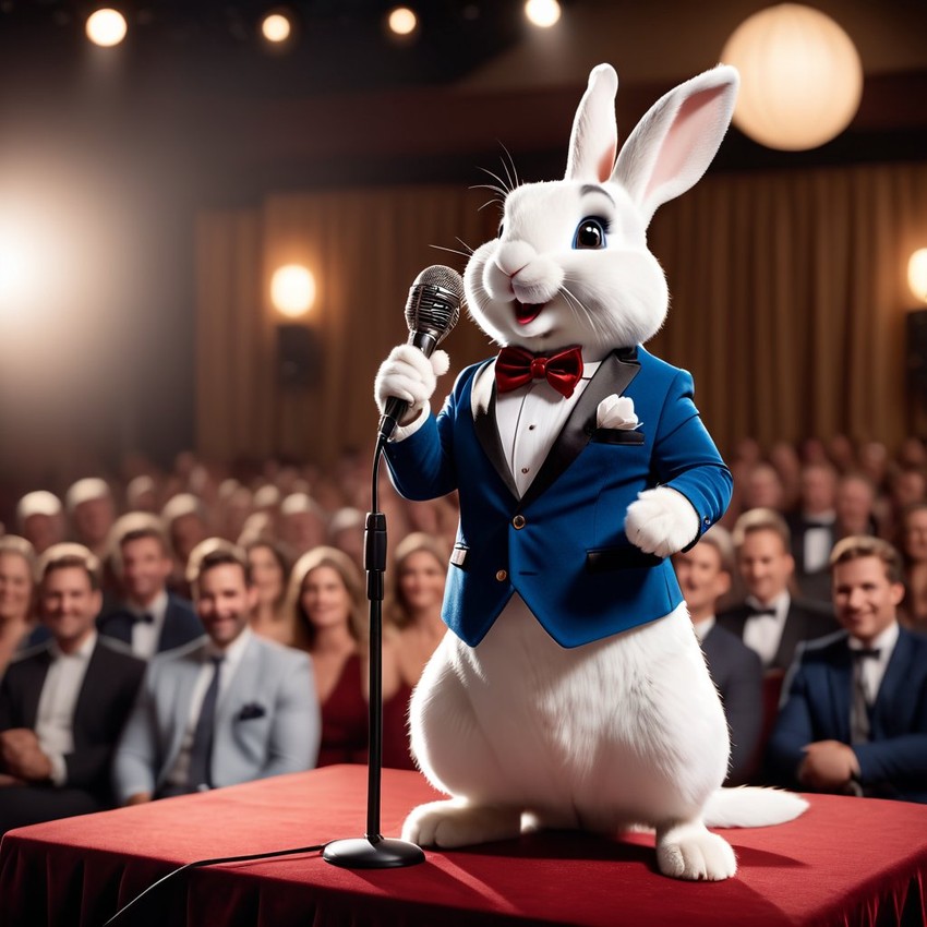 rex rabbit as a keynote speaker on stage, dressed elegantly, holding a microphone, exuding charisma and confidence.