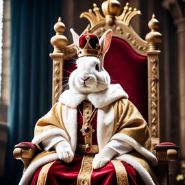 rex rabbit as a king in a magical castle, wearing a crown and robe, seated on a throne.