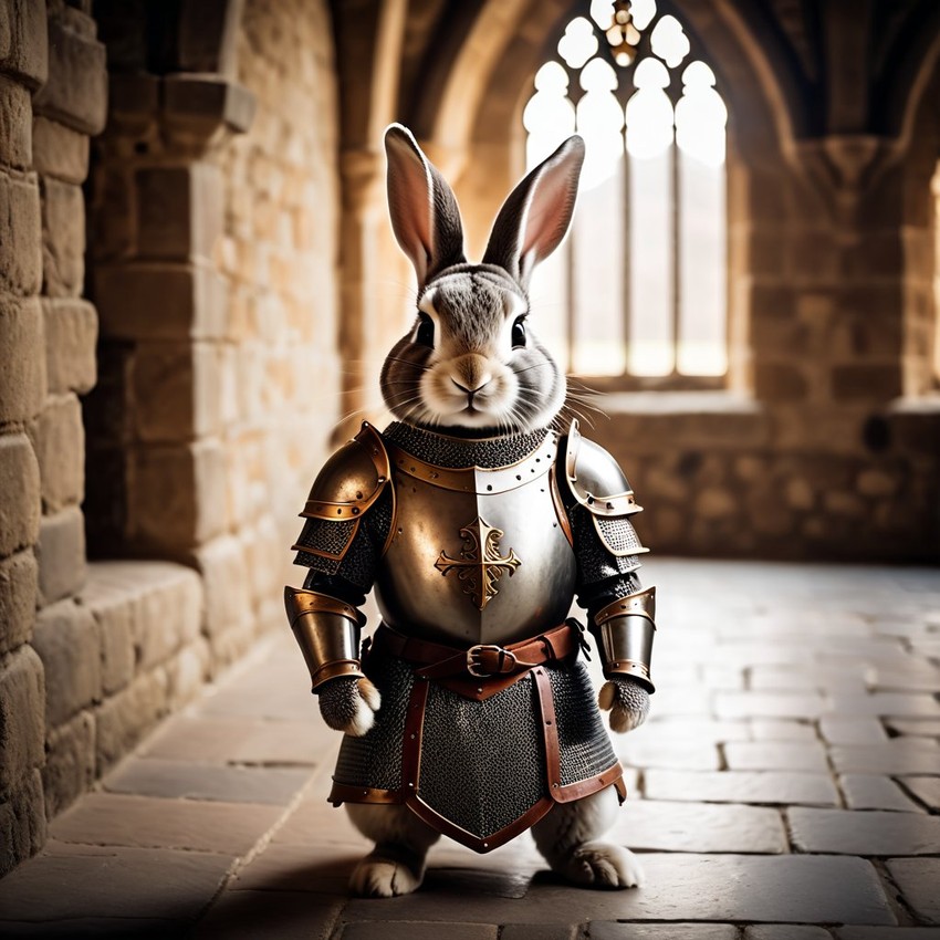 rex rabbit as a medieval knight in a cinematic film still, detailed armor, set in a grand medieval castle.