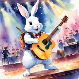 rex rabbit as a musician in a watercolor painting, playing guitar in a vibrant and detailed concert hall scene.