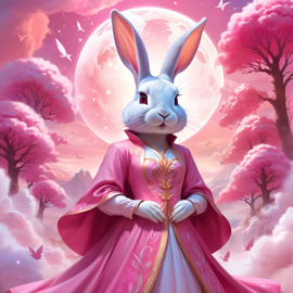 rex rabbit in pink clothing, set in a beautiful pink scene with a dreamy, magical vibe.