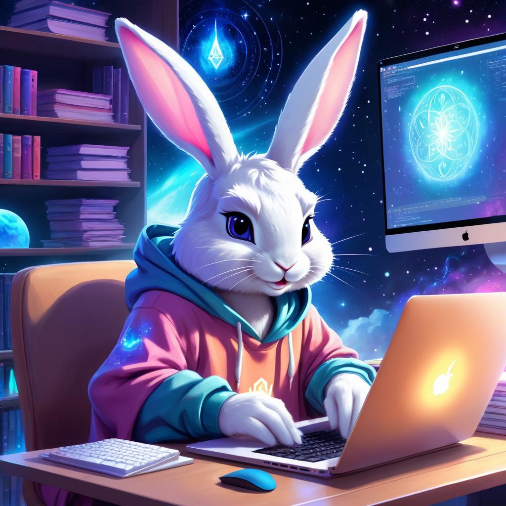 rex rabbit as a programmer, working on a laptop in a hoodie, capturing a cute and magical moment.