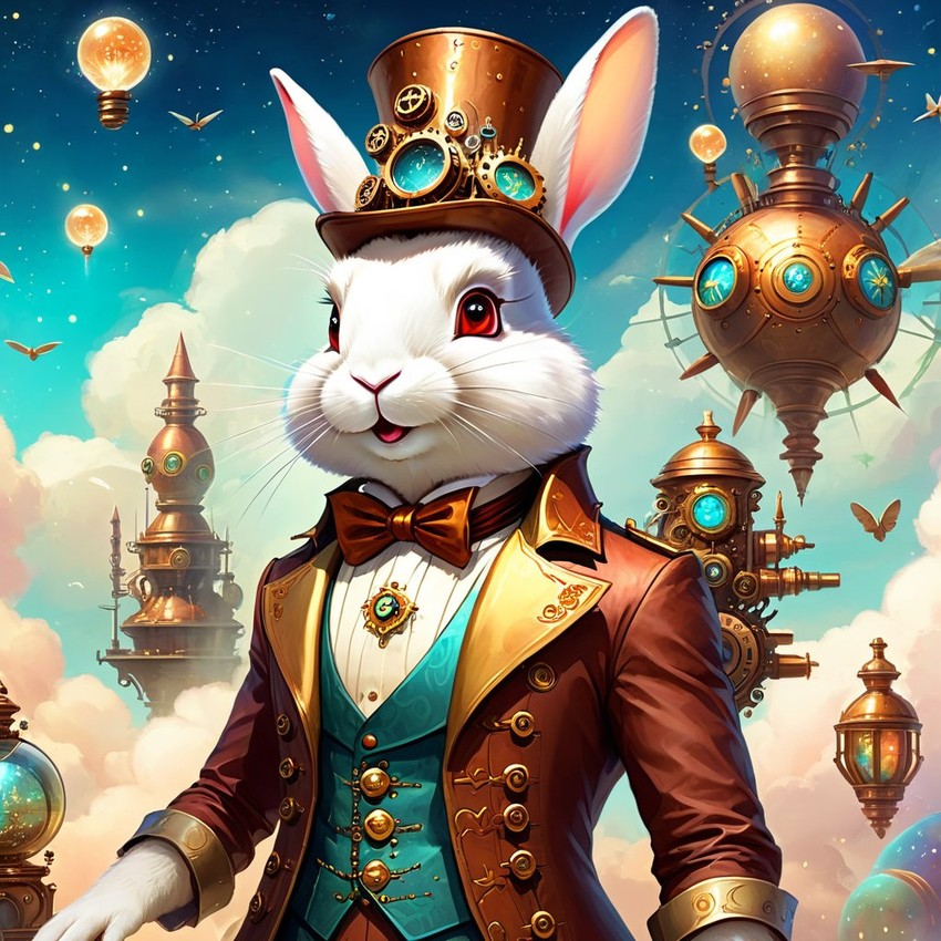 rex rabbit in a steampunk style, cute and happy, with a magical and painterly quality.