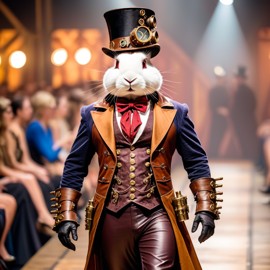 rex rabbit strutting down the fashion show catwalk stage in an elaborate steampunk outfit featuring leather harnesses, brass gears, and a top hat, high energy and dramatic.