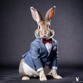 rex rabbit in a stylish suit, posing against a diffused background, looking cute and professional.