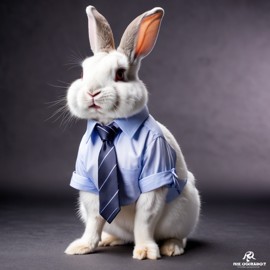 rex rabbit in a stylish shirt and tie, with a diffused background, capturing their cute and professional side.