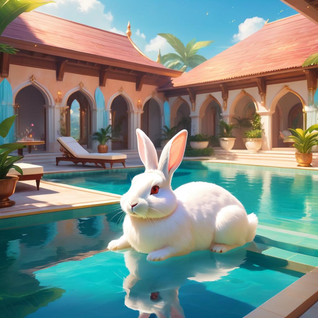 rex rabbit suntanning next to a luxurious villa pool, capturing a posh and magical moment.