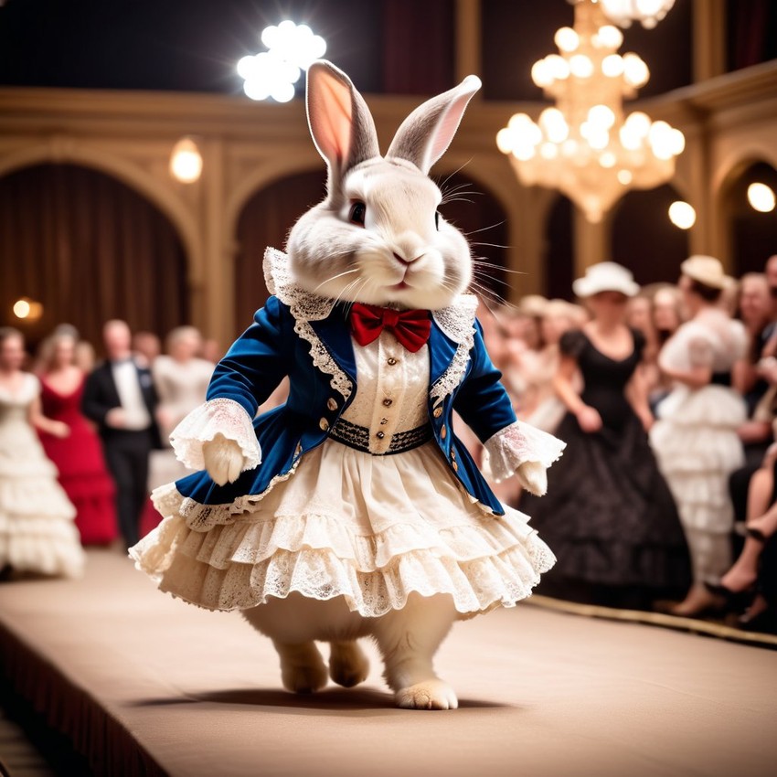 rex rabbit strutting down the fashion show catwalk stage in a vintage victorian outfit with lace and ruffles, high energy and majestic.