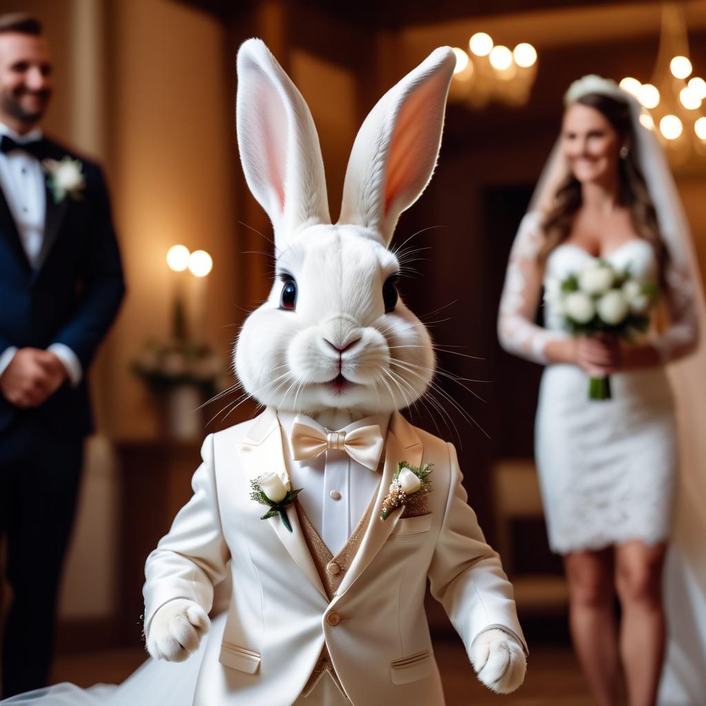 rex rabbit in a beautiful wedding suit, capturing a cute and happy moment in a romantic environment.