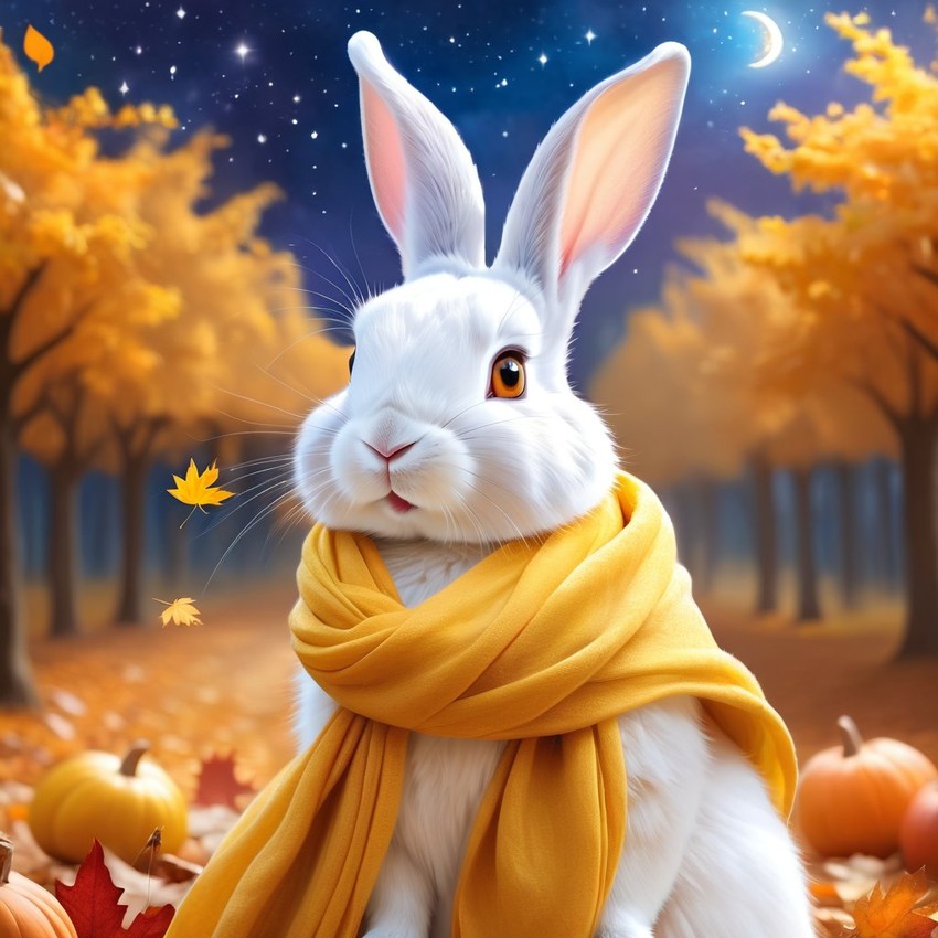 rex rabbit in a yellow scarf, ethereal and magical style.